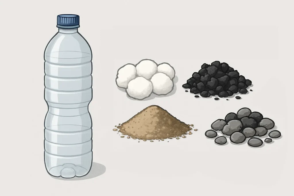 Benodigdheden om zelf een waterfilter te maken, zoals fles, kool, zand, grind en watten