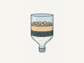 Zelfgemaakt waterfilter van een plastic fles met zichtbare lagen van grind, zand en kool