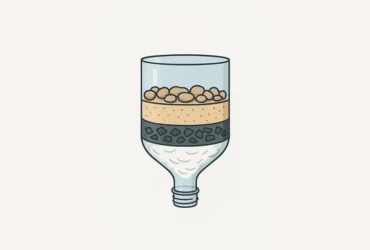 Zelfgemaakt waterfilter van een plastic fles met zichtbare lagen van grind, zand en kool