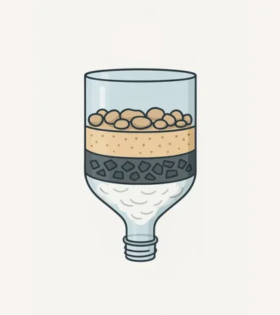 Zelfgemaakt waterfilter van een plastic fles met zichtbare lagen van grind, zand en kool