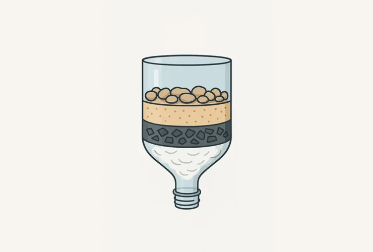 Zelfgemaakt waterfilter van een plastic fles met zichtbare lagen van grind, zand en kool