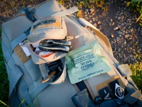 Overzicht van een survivalkit met water, EHBO, zaklamp, multitool en voedsel