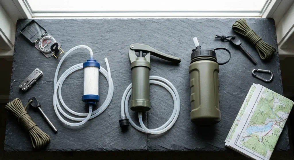 Verschillende typen draagbare waterfilters naast elkaar