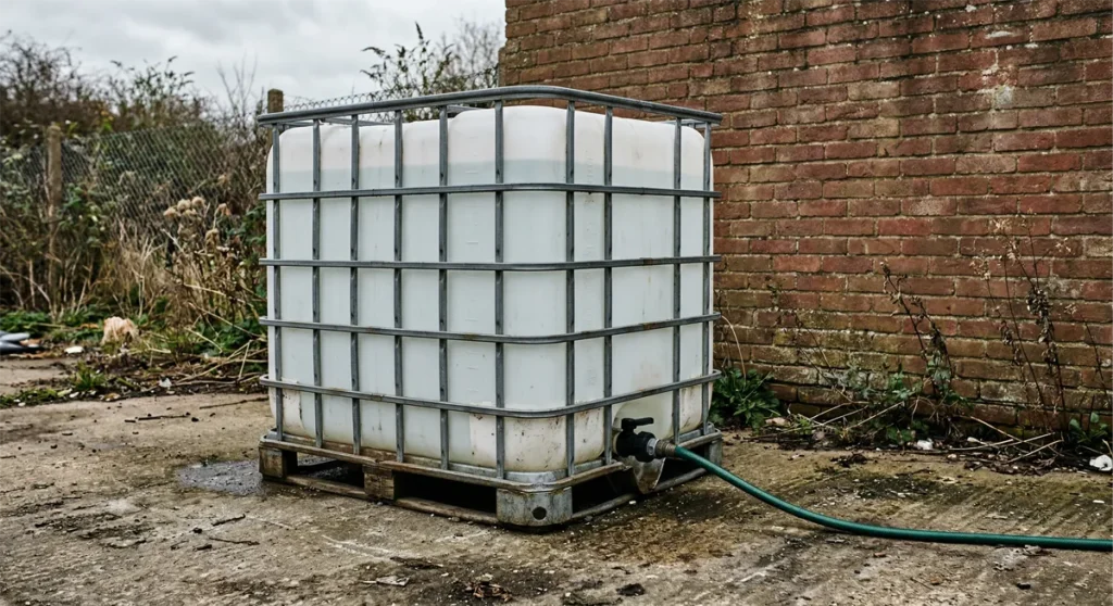 IBC-container in de tuin als opslagsysteem voor regenwater