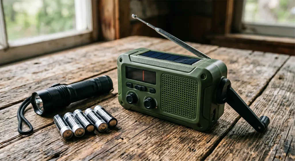 Close-up van een draagbare noodradio met zichtbare knoppen en antenne