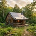 Off grid leven in een houten cabin met zonnepanelen op het dak in een natuurlijke omgeving