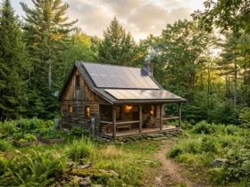 Off grid leven in een houten cabin met zonnepanelen op het dak in een natuurlijke omgeving