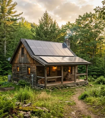 Off grid leven in een houten cabin met zonnepanelen op het dak in een natuurlijke omgeving