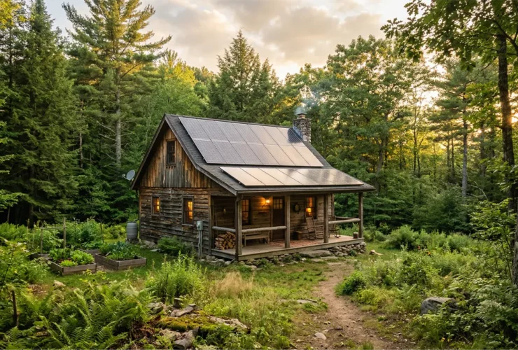 Off grid leven in een houten cabin met zonnepanelen op het dak in een natuurlijke omgeving