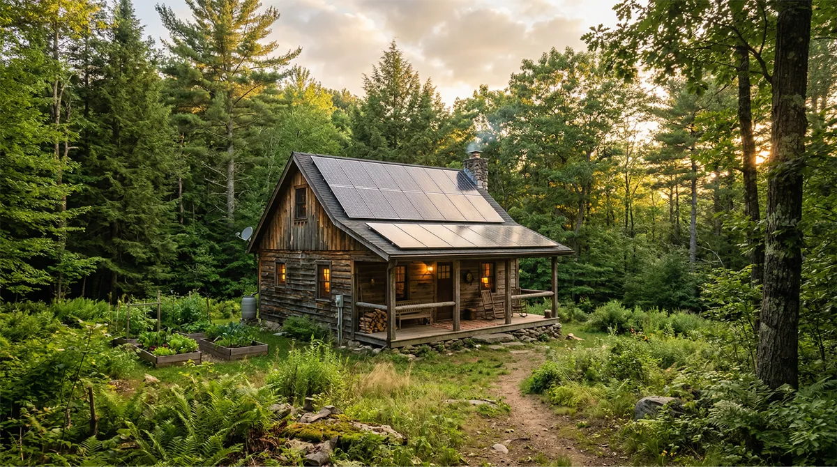 Off grid leven in een houten cabin met zonnepanelen op het dak in een natuurlijke omgeving