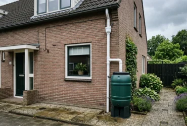 regenwater opvangen met een regenton die is aangesloten via een regenpijp