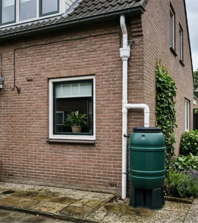 regenwater opvangen met een regenton die is aangesloten via een regenpijp