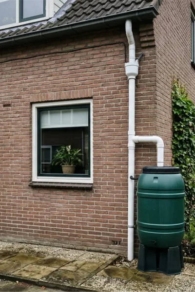 regenwater opvangen met een regenton die is aangesloten via een regenpijp