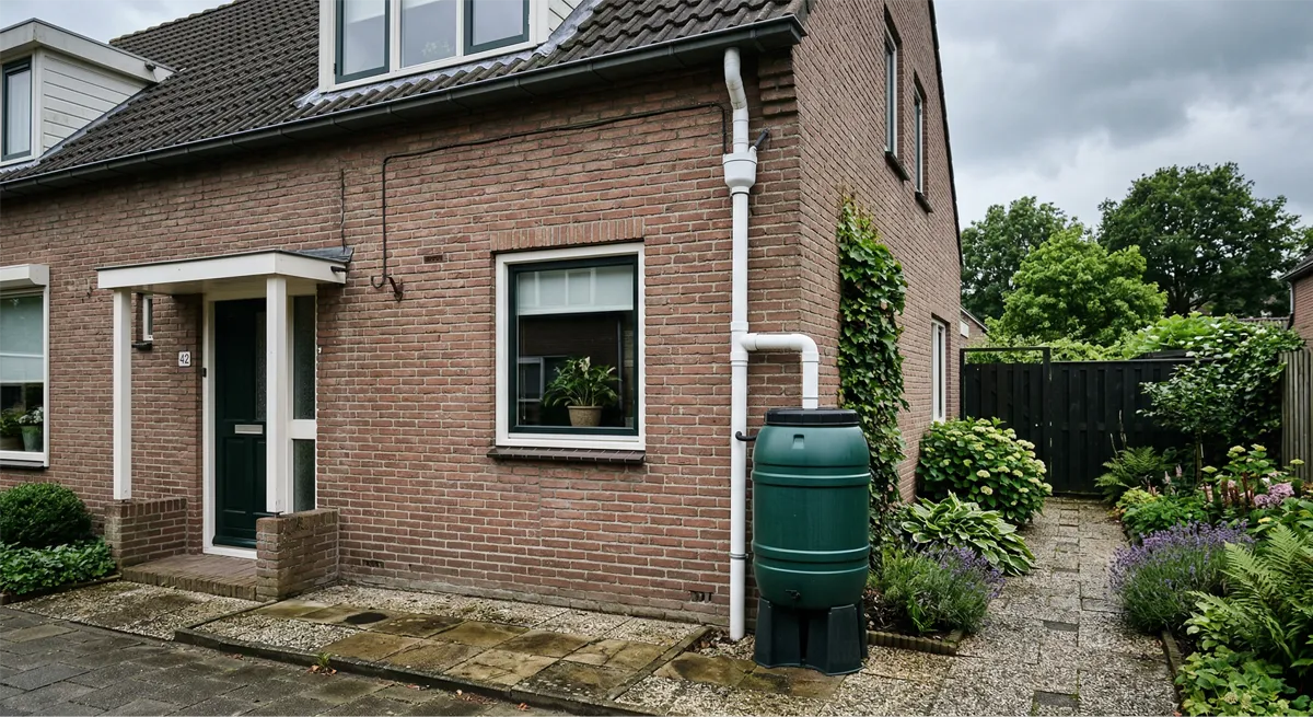 regenwater opvangen met een regenton die is aangesloten via een regenpijp