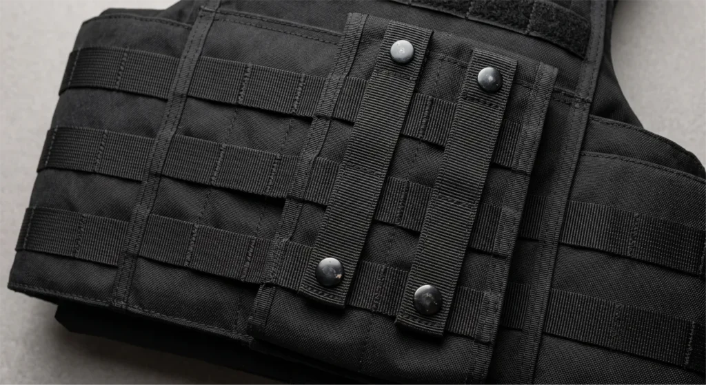 Close-up van een MOLLE-systeem op een tactical vest