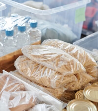 Voorraad flessen water, pasta en blikken voedsel in opbergbakken