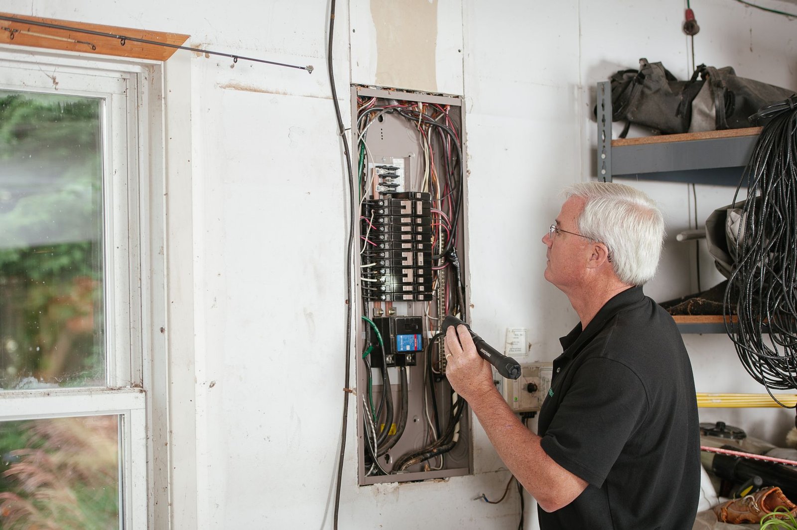 Installateur controleert een geopende meterkast met groepen en bedrading